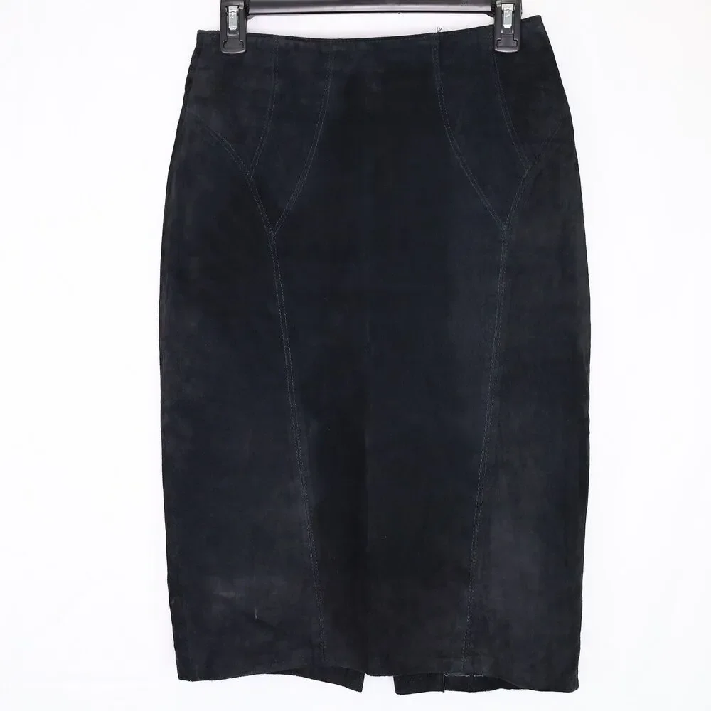 La Nauvelle Renaissance Skirt Womens 6 8 Black Suede Leather Lined Pencil Vtg
